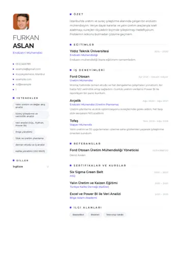 Endüstri Mühendisi CV Örnekleri cv indir